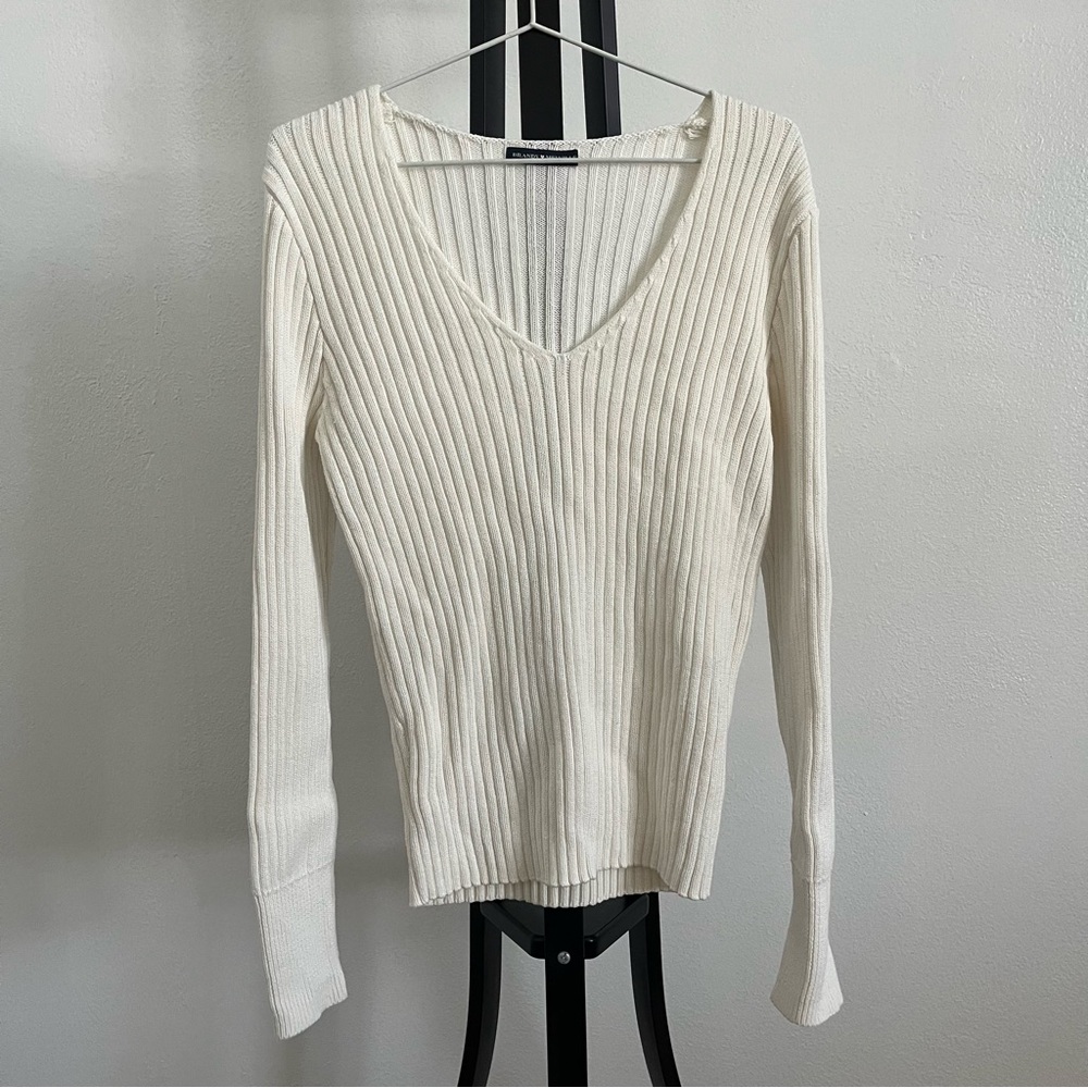 Brandy Melville White V-Neck Ribbed Sweater